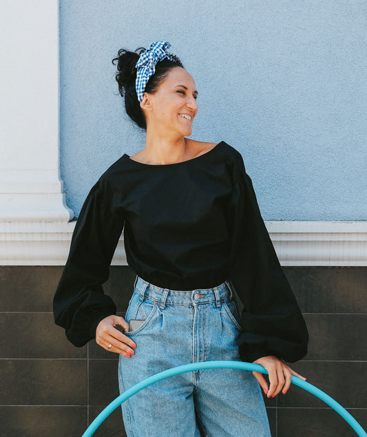 Bare Neck Women Top Long Puffed Sleeves Magic