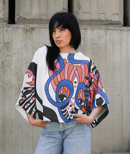 Haname Prism cropped linen blouse with artistic print by Artelie, front view