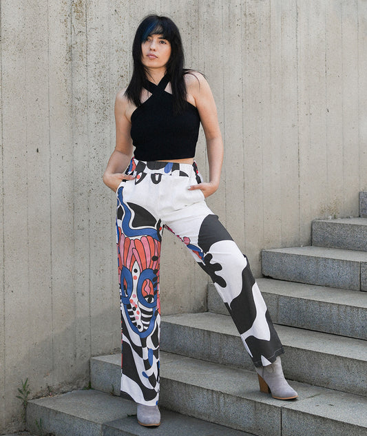 Haname Root high-waisted linen trousers with floral print by Artelie, front view