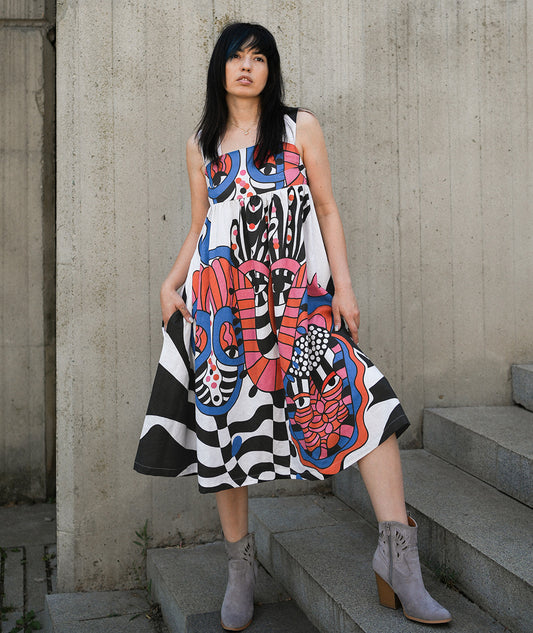 Haname Wink linen midi dress with artistic print by Artelie, front view