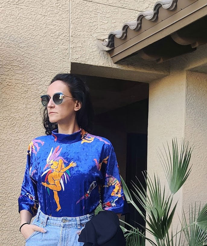 Дизайнерски дамски син плюшен топ със супергерои