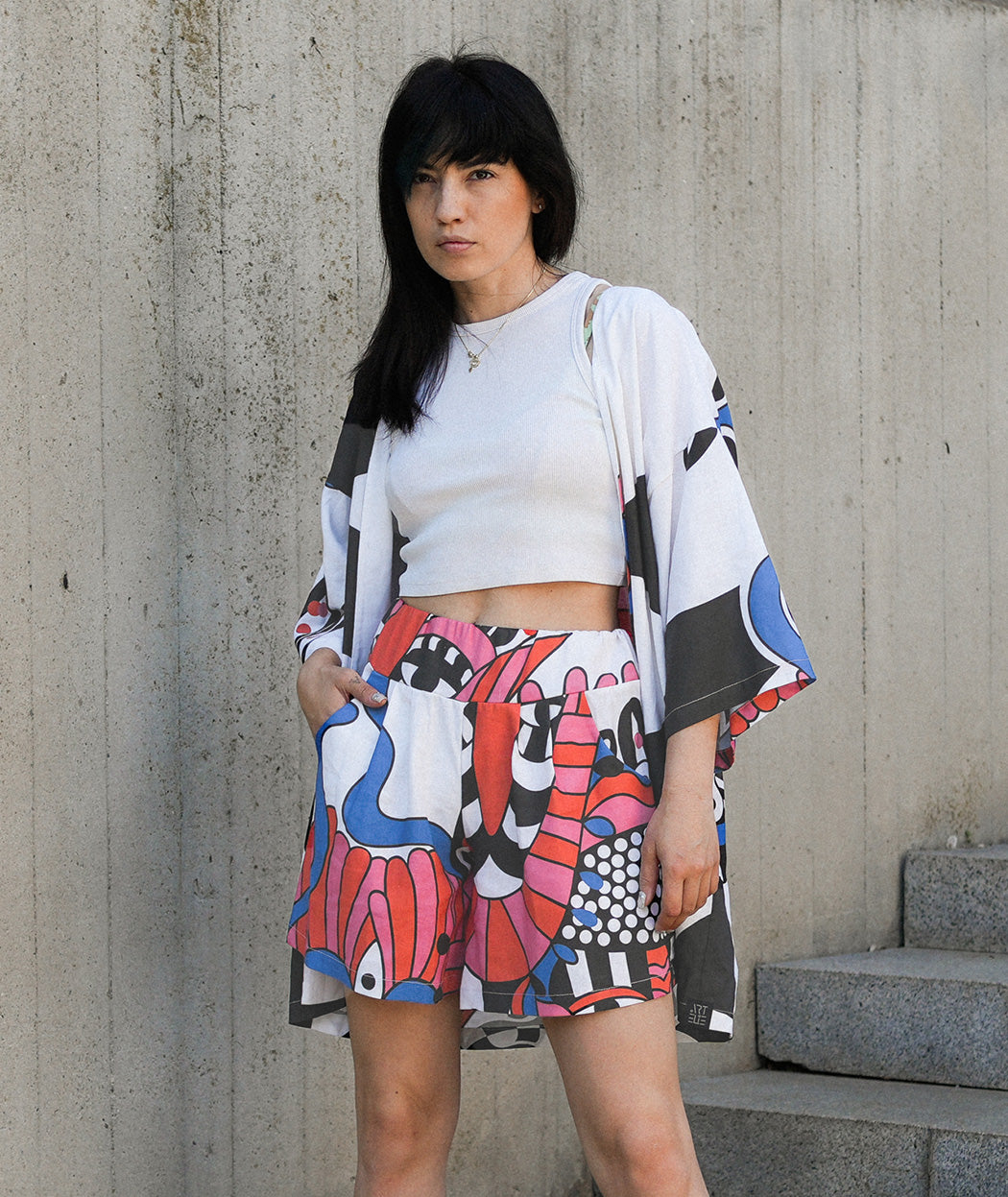 Haname Bud wide linen shorts with artistic print by Artelie, front view