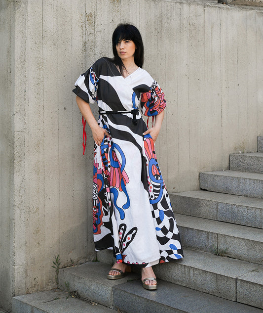 Haname Meadow long linen dress with floral print by Artelie, front view