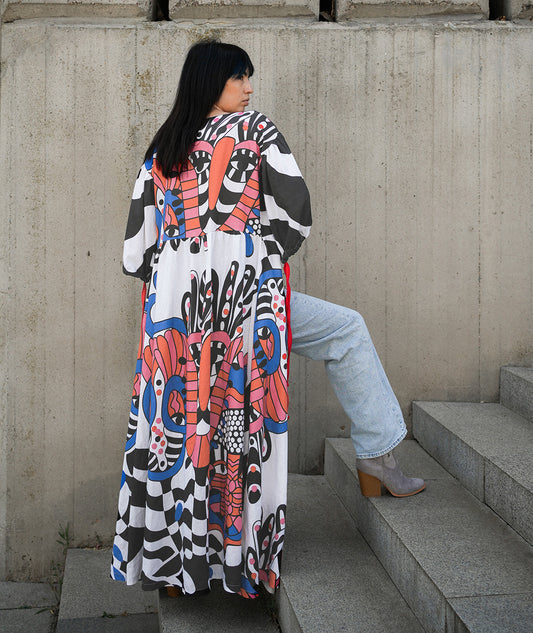 Artelie Haname Meadow dress worn open as a kimono, side view