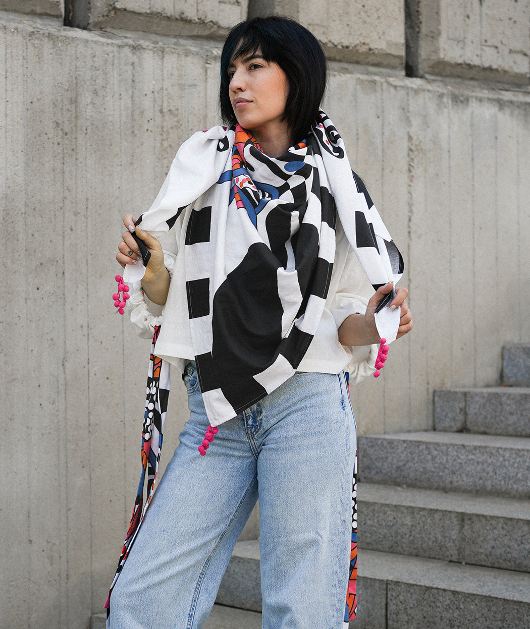Artelie Haname Panorama scarf worn as a wrap