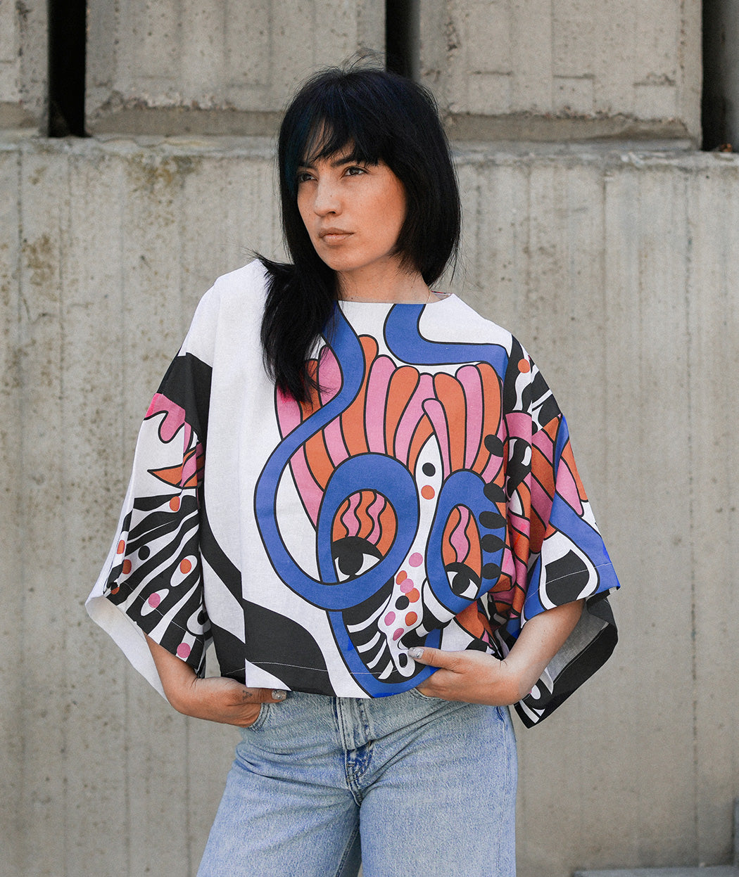 Haname Prism cropped linen blouse with artistic print by Artelie, front view
