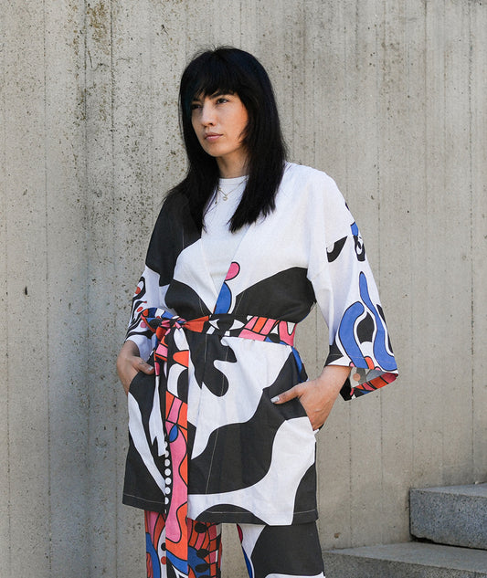 Haname linen kimono jacket with artistic print by Artelie, front view